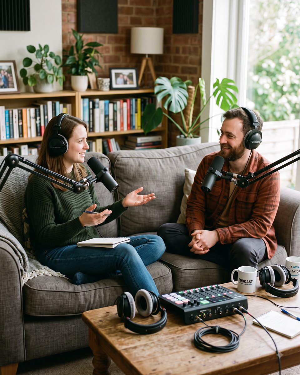 Two people recording together on a sofa, each on their own microphone and headphones