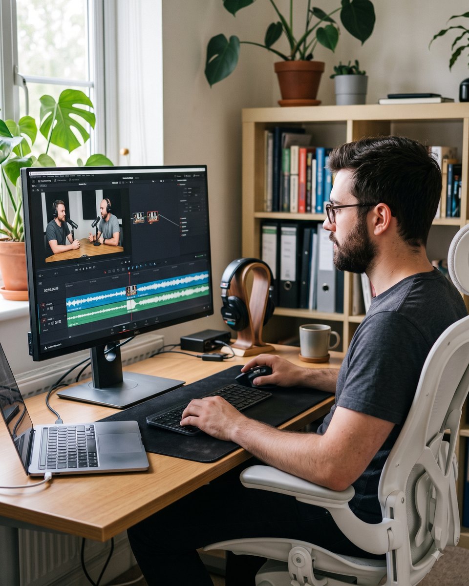 Someone editing at a desk, two speaker tracks laid out on the timeline below the video